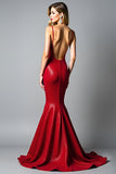 Sparkly Dark Red Mermaid Backless Long Formal Dress