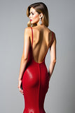 Sparkly Dark Red Mermaid Backless Long Formal Dress