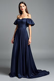 Off the Shoulder Navy Ruched A Line Formal Dress