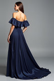 Off the Shoulder Navy Ruched A Line Formal Dress