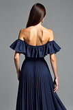 Off the Shoulder Navy Ruched A Line Formal Dress