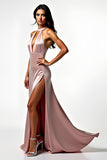 Blush Satin Halter Backless Formal Dress with Side Slit