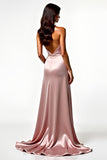 Blush Satin Halter Backless Formal Dress with Side Slit