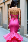 Fuchsia Satin Mermaid Strapless Formal Dress with Ruffled Hem