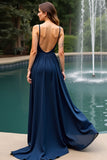 Navy Open Back Spaghetti Straps A-Line Long Wedding Guest Dress