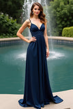 Navy Open Back Spaghetti Straps A-Line Long Wedding Guest Dress