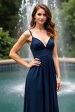 Navy Open Back Spaghetti Straps A-Line Long Wedding Guest Dress