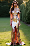 Metallic Rose Golden Off the Shoulder Formal Dress with Front Slit