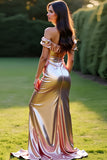 Metallic Rose Golden Off the Shoulder Formal Dress with Front Slit