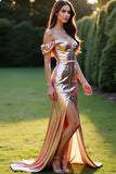 Metallic Rose Golden Off the Shoulder Formal Dress with Front Slit