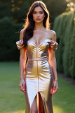 Metallic Rose Golden Off the Shoulder Formal Dress with Front Slit