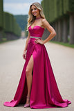 Fuchsia Strapless A Line Prom Dress With Slit