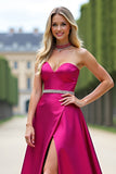 Fuchsia Strapless A Line Prom Dress With Slit