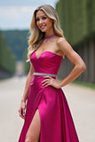 Fuchsia Strapless A Line Prom Dress With Slit