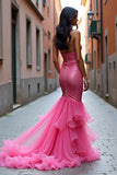 Hot Pink Strapless Mermaid Ruffled Prom Dress