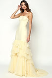 Yellow Sheath Strapless Ruffled Tiered Prom Dress