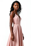 Blush Open Back Satin Spaghetti Straps A-Line Long Wedding Guest Dress