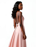 Blush Open Back Satin Spaghetti Straps A-Line Long Wedding Guest Dress