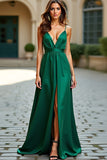 A Line Dark Green Spaghetti Straps Prom Dress With Slit