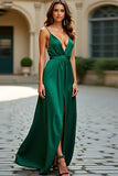 A Line Dark Green Spaghetti Straps Prom Dress With Slit