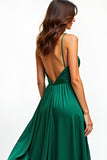 A Line Dark Green Spaghetti Straps Prom Dress With Slit