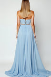 Blue Cut Out A-Line Sweetheart Long Wedding Guest Dress with Slit