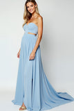 Blue Cut Out A-Line Sweetheart Long Wedding Guest Dress with Slit