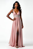 Blush V-Neck Ruched Long Formal Dress with Slit