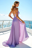 Purple Chiffon Halter Pleated Long Wedding Guest Dress with Slit