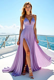 Purple Chiffon Halter Pleated Long Wedding Guest Dress with Slit