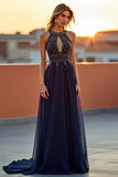 Halter Tulle Navy A Line Cut Out Formal Dress with Beading