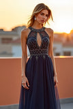 Halter Tulle Navy A Line Cut Out Formal Dress with Beading