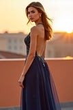 Halter Tulle Navy A Line Cut Out Formal Dress with Beading