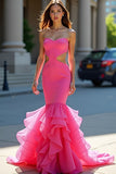 Fuchsia Mermaid Strapless Cut Out Ruffled Prom Dress