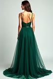 Dark Green Tulle Spaghetti Straps Formal Dress with Sequins