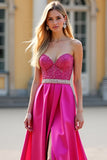 Fuchsia A Line Strapless Corset Sequin Prom Dress