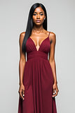 Burgundy Open Back Ruched Spaghetti Strapless Long Bridesmaid Dress