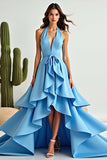 Blue A Line Halter Ruffled Tiered Prom Dress