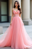 Pink A Line Spaghetti Straps Corset Sequin Prom Dress