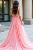 Pink A Line Spaghetti Straps Corset Sequin Prom Dress