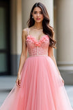 Pink A Line Spaghetti Straps Corset Sequin Prom Dress