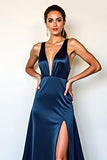 Navy Satin Deep V Neck Sheath Formal Dress with Slit