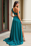 Peacock Green A Line One Shoulder Ruched Long Prom Dress With Slit