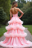 Pink A Line Sweetheart Tiered Long Tulle Prom Dress With Ruffles