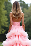 Pink A Line Sweetheart Tiered Long Tulle Prom Dress With Ruffles