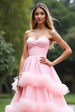 Pink A Line Sweetheart Tiered Long Tulle Prom Dress With Ruffles