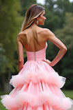 Pink A Line Sweetheart Tiered Long Tulle Prom Dress With Ruffles