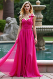 A Line Fuchsia Straps Ruched Long Tulle Prom Dress