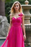 A Line Fuchsia Straps Ruched Long Tulle Prom Dress