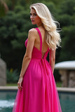 A Line Fuchsia Straps Ruched Long Tulle Prom Dress